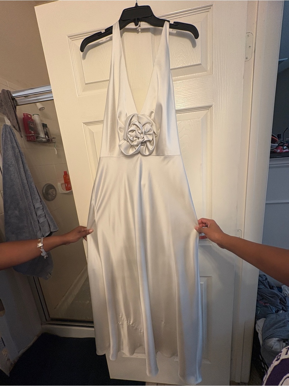 ANTONIO MELANI White Satin Halter Maxi Dress with Rosette Waist